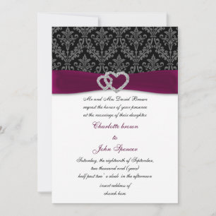 Fuchsia damask FAUX ribbon diamante Wedding Invitation