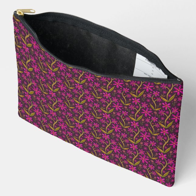 Fuchsia | Dancing Watercolor Daisies Accessory Pouch (Open)