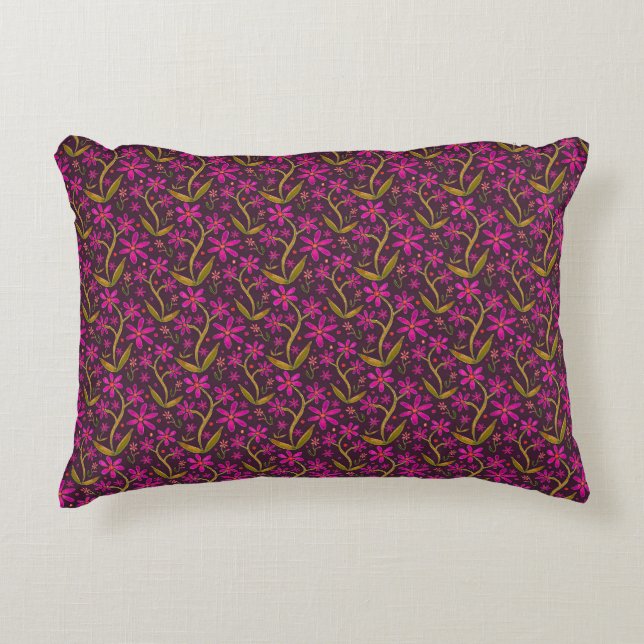 Fuchsia | Dancing Watercolor Daisies Decorative Cushion (Front)
