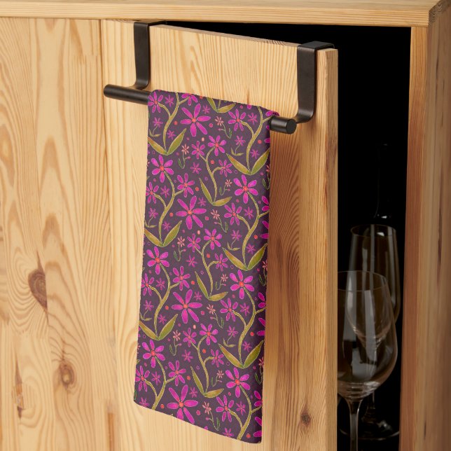 Fuchsia | Dancing Watercolor Daisies Tea Towel (Thirds Fold)