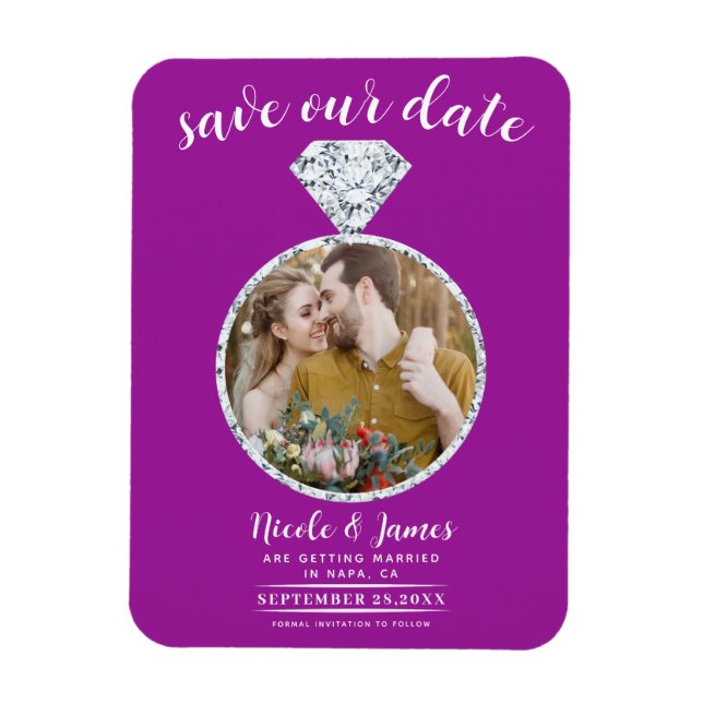Fuchsia Diamond Ring Bling Photo Save the Date Magnet (Vertical)