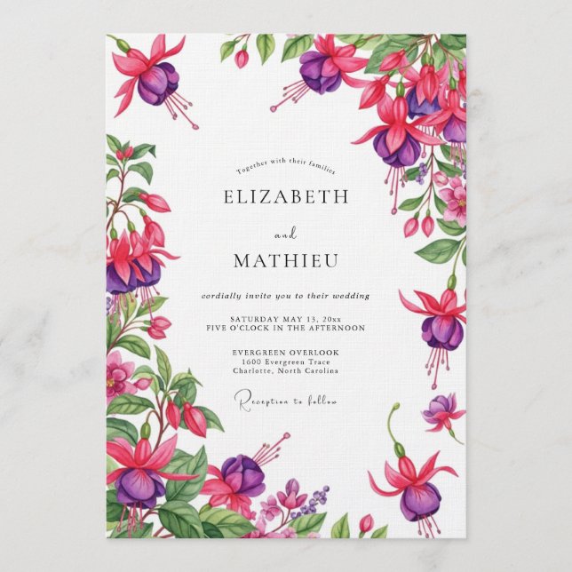 Fuchsia Draping Floral Wedding Invitation (Front)