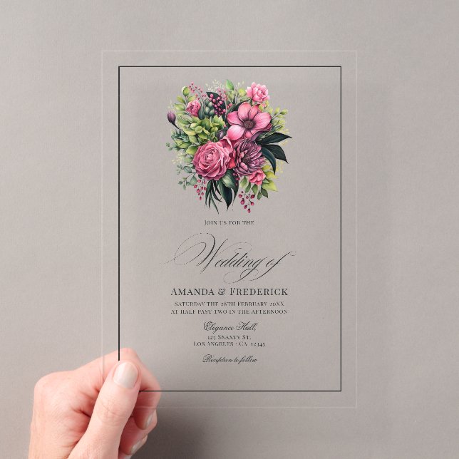 Fuchsia, Emerald Green, and Black Floral Wedding Acrylic Invitations (Insitu (Handheld))