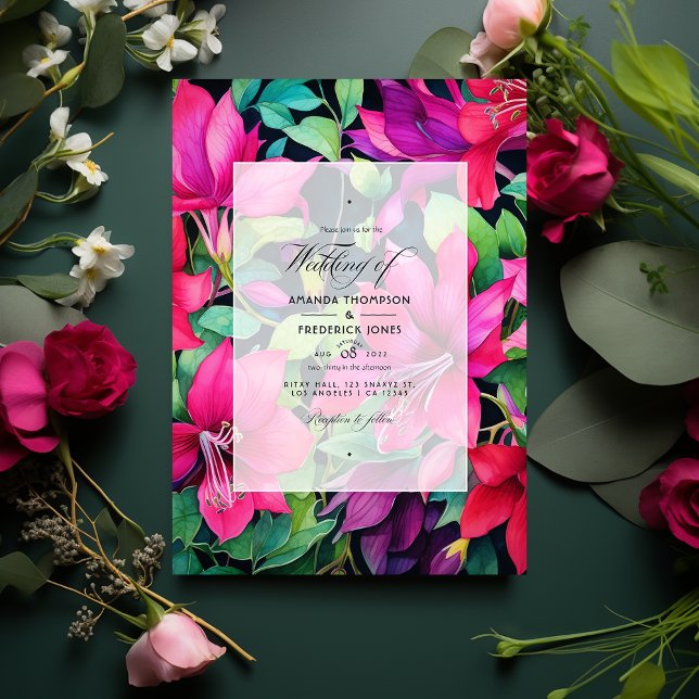 Fuchsia, Emerald Green and Black Floral Wedding Invitation (Creator Uploaded)