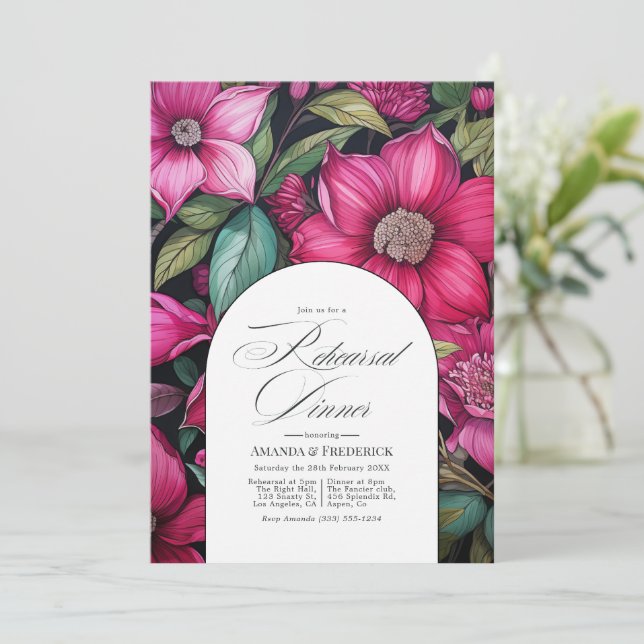 Fuchsia, Emerald Green and Black Rehearsal Dinner Invitation (Standing Front)