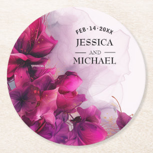  Fuchsia Enchantment: Watercolor  Round Paper Coaster