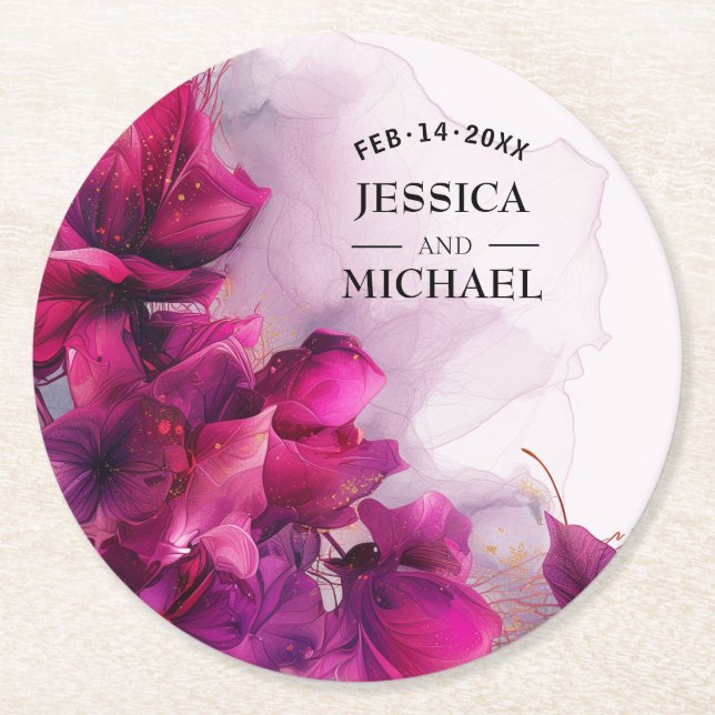  Fuchsia Enchantment: Watercolor  Round Paper Coaster (Front)