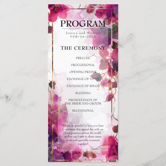 Fuchsia Enchantment: Watercolor wedding program Programme (Front)