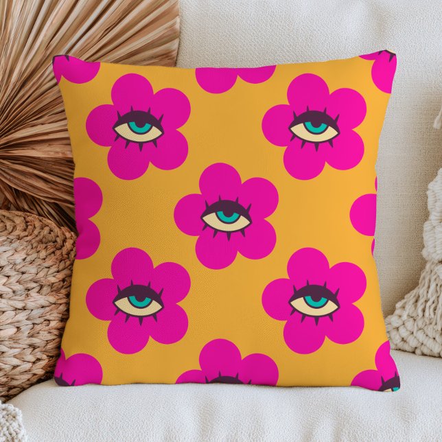 Fuchsia Evil Eye Daisy Flowers on Yellow Retro Cushion (Creator Uploaded)