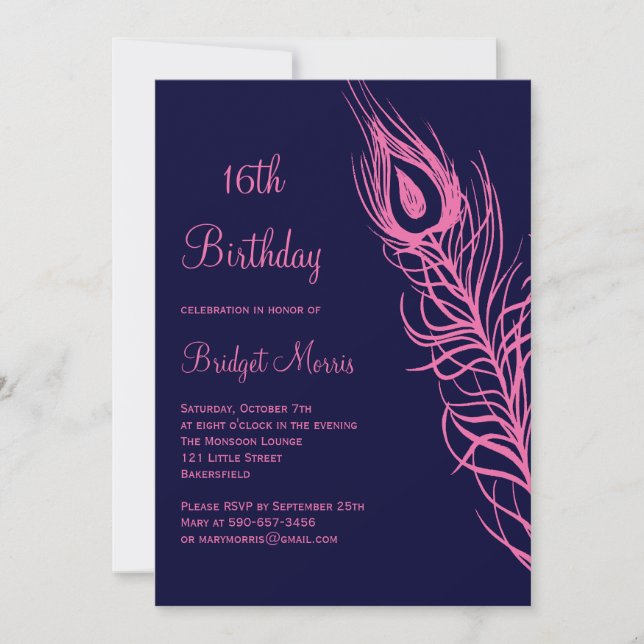 Fuchsia Feathers Sweet 16 Birthday Invitation (Front)