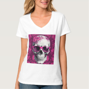 Fuchsia Floral 3D Dead Skull wearing sunglasses T-Shirt
