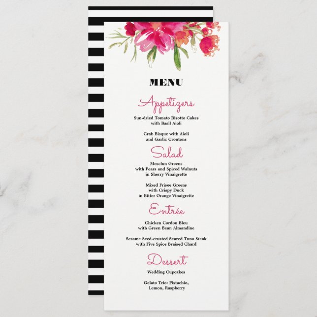 Fuchsia Floral Black Stripes Wedding Menu Cards (Front/Back)