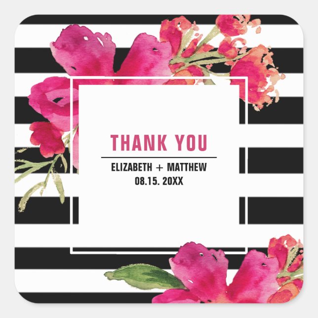 Fuchsia Floral Black Stripes Wedding Thank You Square Sticker (Front)