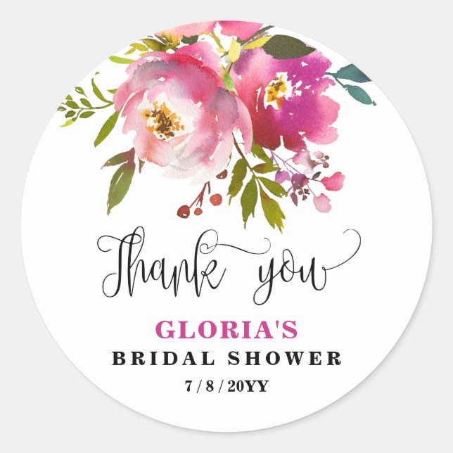 Fuchsia Floral  Bridal Shower  Classic Round Sticker (Front)