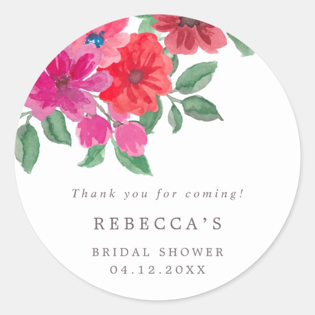 Fuchsia Floral Bridal Shower Classic Round Sticker (Front)