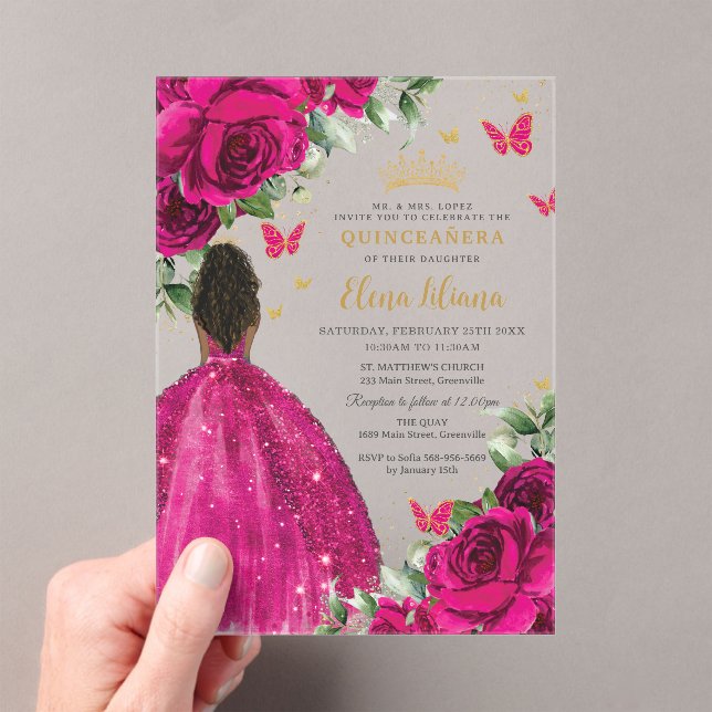 Fuchsia Floral Brown Princess Quinceañera Sweet 16 Acrylic Invitations (Insitu (Handheld))