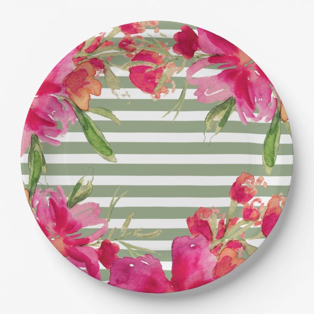 Fuchsia Floral Green Stripes Graduation Party  Paper Plate (Front)