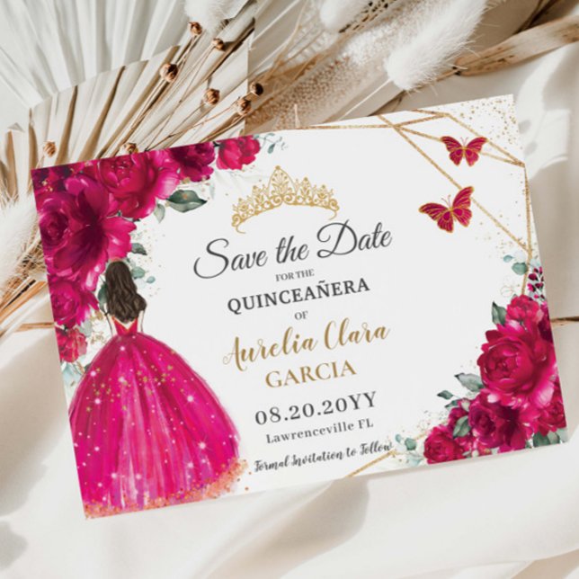 Fuchsia Floral Princess Quinceañera Save the Date (Creator Uploaded)
