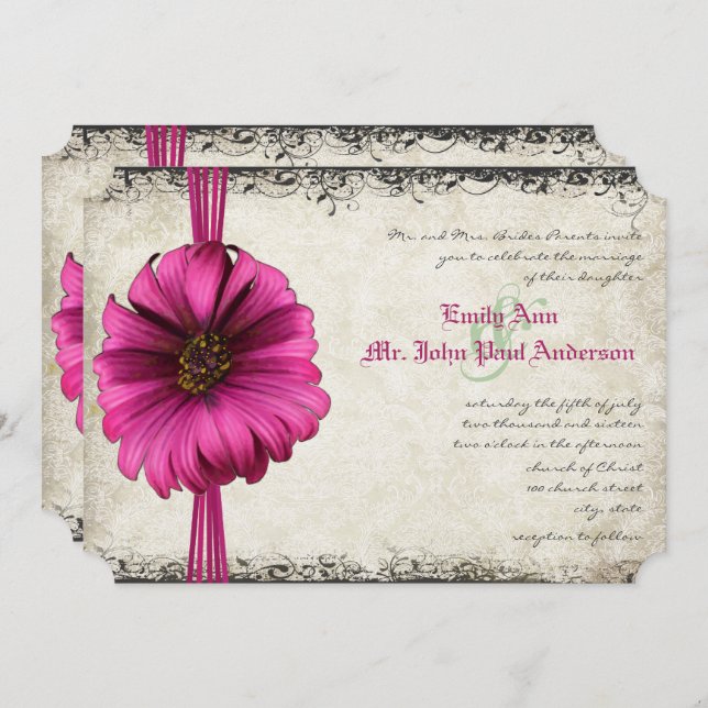 Fuchsia Gerber Daisy Wedding Invite (Front/Back)