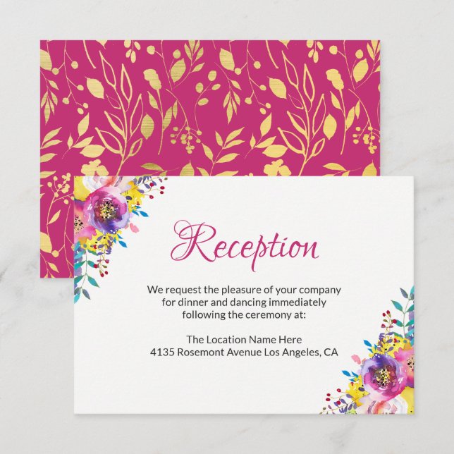 Fuchsia Gold Blossom Floral Wedding Reception Card (Front/Back)