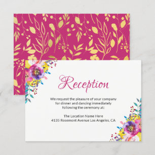 Fuchsia Gold Blossom Floral Wedding Reception Card