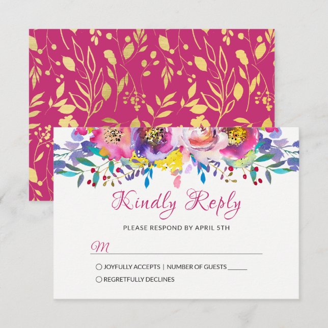 Fuchsia Gold Blossom Floral Wedding RSVP Card (Front/Back)