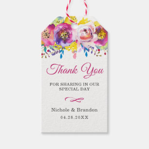 Fuchsia Gold Flowers Wedding Thank You Gift Tags