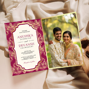 Fuchsia Gold Lace QR Code Photo Indian Wedding Invitation