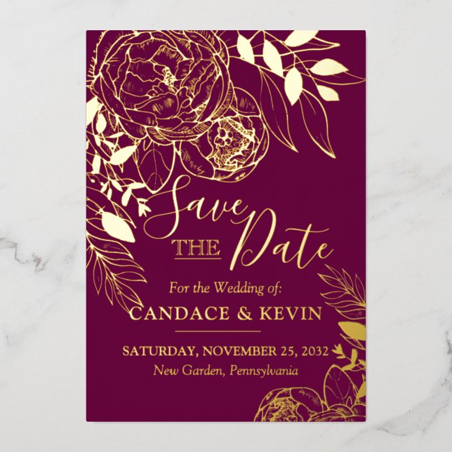 Fuchsia & Gold Modern Floral Peony Save the Date (Front)