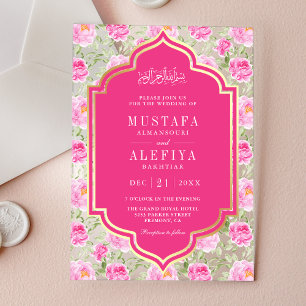 Fuchsia Gold Pink Floral Pattern Muslim Wedding Acrylic Invitations
