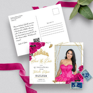 Fuchsia & Gold Tiara Quinceañera Photo Postcard