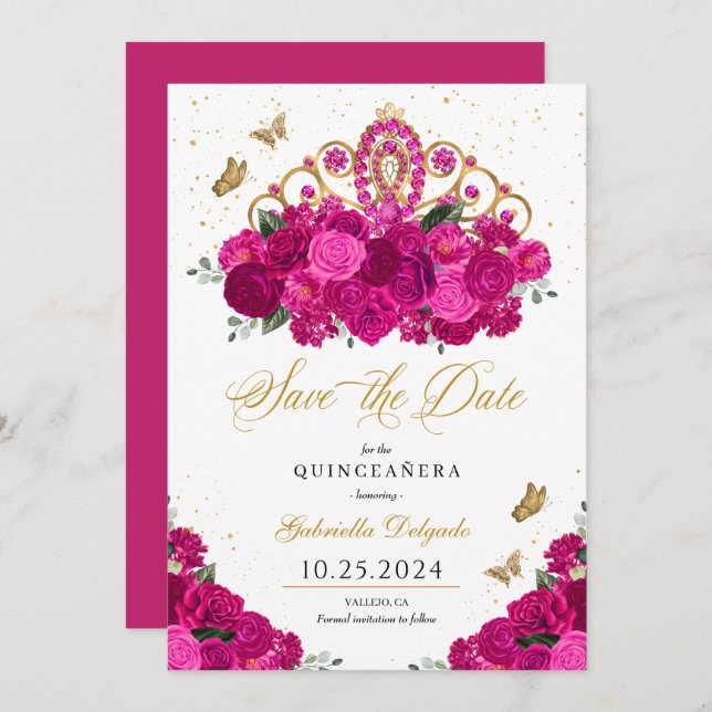 Fuchsia & Gold Tiara Save The Date Quinceañera Invitation (Front/Back)