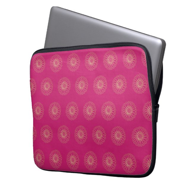 Fuchsia | Golden Zinnia Flower Medallions Laptop Sleeve (Front Left)