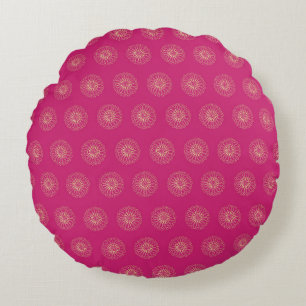 Fuchsia   Golden Zinnia Flower Medallions Round Cushion