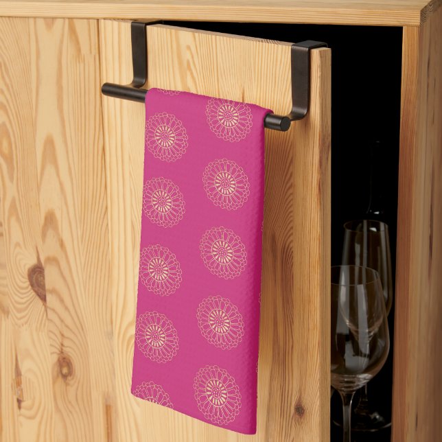 Fuchsia | Golden Zinnia Flower Medallions Tea Towel (Thirds Fold)
