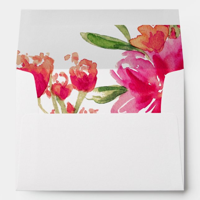 Fuchsia Green Floral Watercolor Custom Wedding Envelope (Back (Bottom))