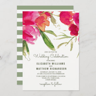 Fuchsia Green Floral Watercolor Wedding Invitation