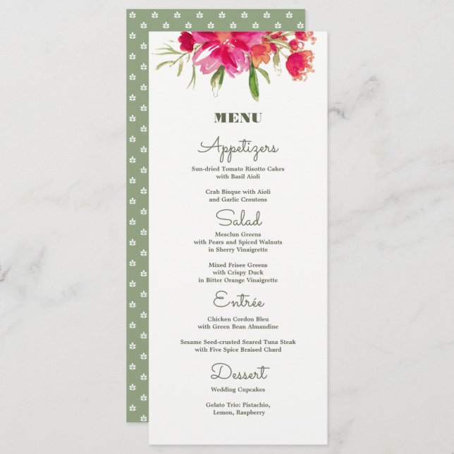 Fuchsia Green Floral Watercolor Wedding Menu Cards (Front/Back)