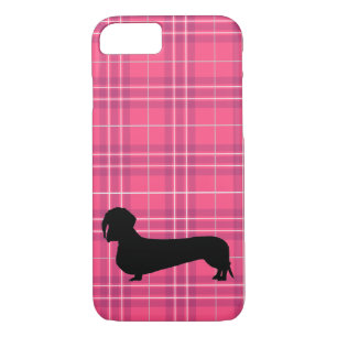 Fuchsia Grey Plaid Dachshund Pattern Preppy Case-Mate iPhone Case