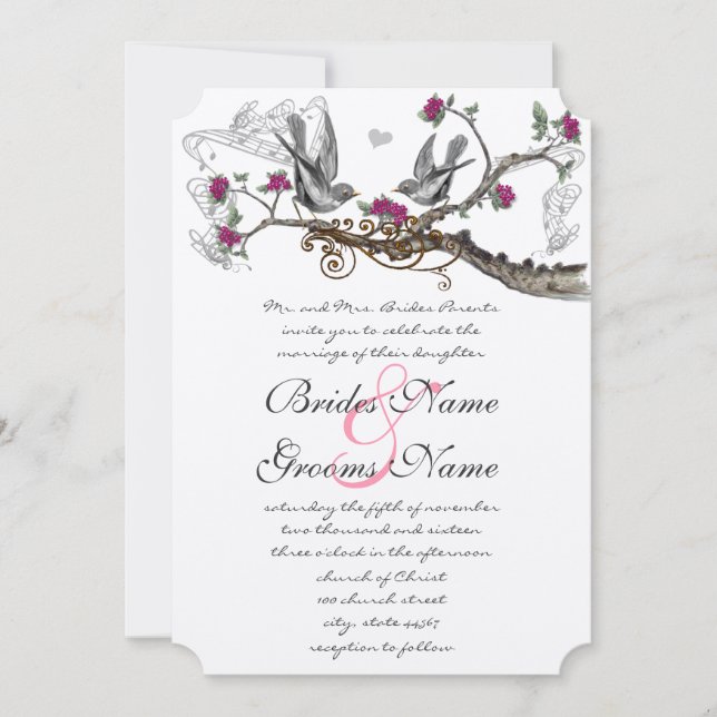 Fuchsia & Grey Vintage Birds Wedding Invite (Front)