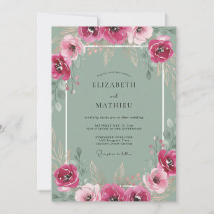 Fuchsia Grey Wildflower Wedding Invitation