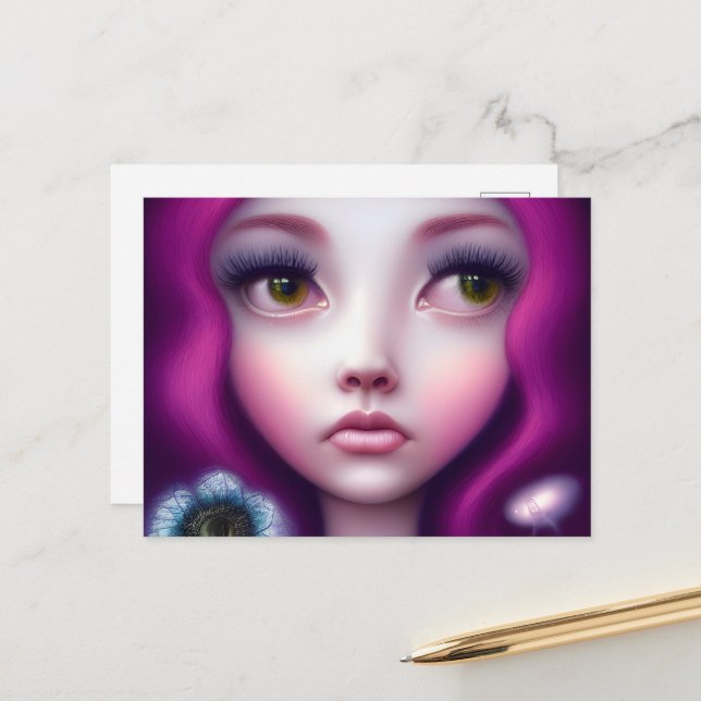 Fuchsia Hair Green Eyes Girl Postcard (Front/Back In Situ)