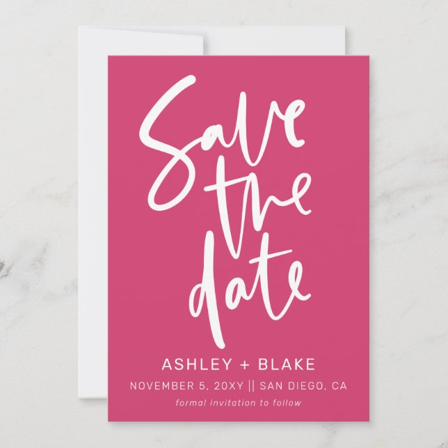Fuchsia Handwritten Modern Save the Date (Front)