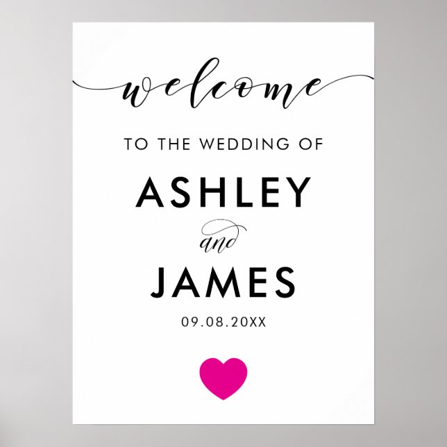 Fuchsia Heart Wedding Welcome Sign, Hot Pink Poster (Front)
