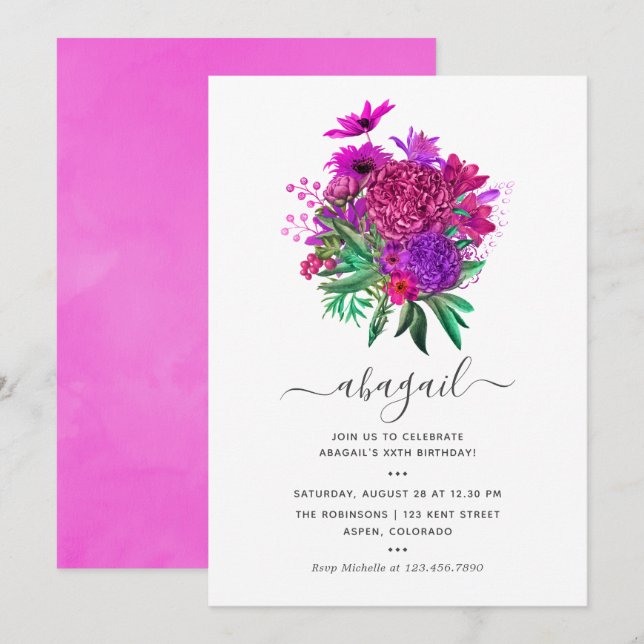 Fuchsia Hot-Pink and Purple Shabby Floral Birthday Invitation (Front/Back)