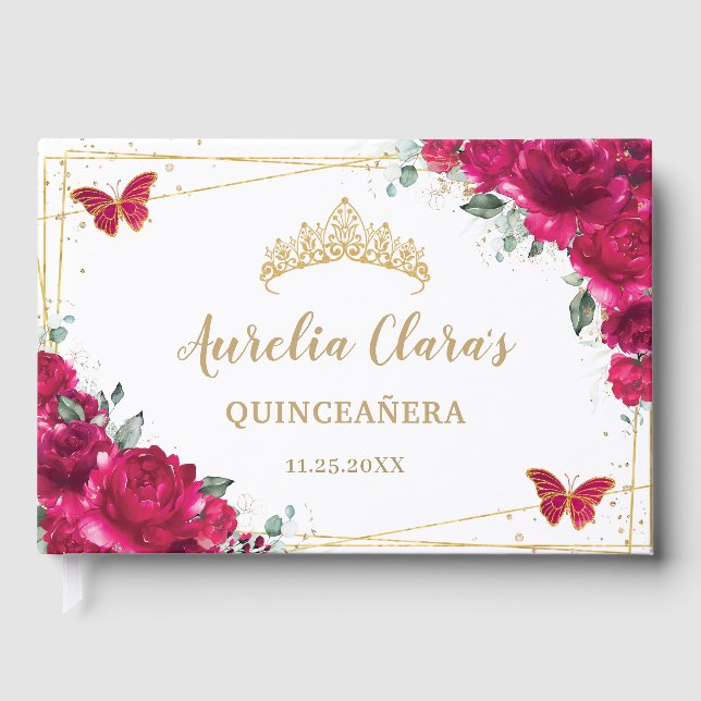 Fuchsia Hot Pink Floral Butterflies QUINCEAÑERA Guest Book (Front)