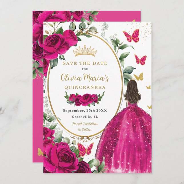 Fuchsia Hot Pink Floral Princess Dress Quinceañera Save The Date (Front/Back)