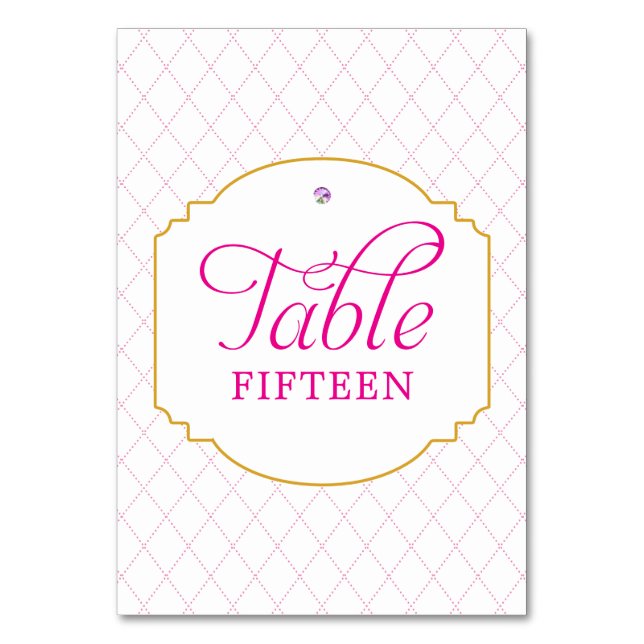Fuchsia Hot Pink Gold Diamond Pattern Art Deco Table Number (Front)