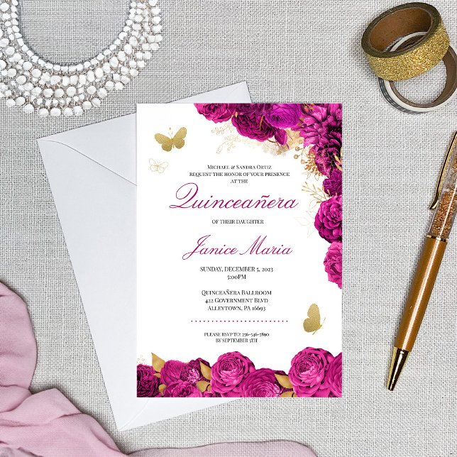 Fuchsia Hot Pink Gold Floral Butterfly Quinceañera Invitation (Creator Uploaded)