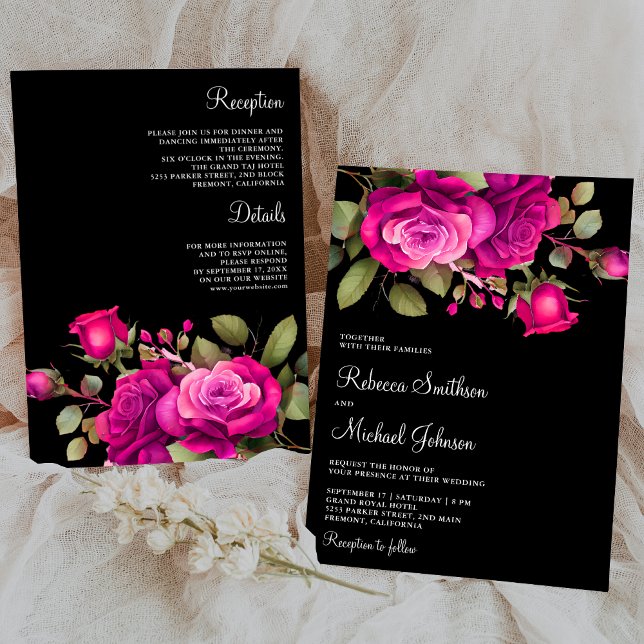 Fuchsia Hot Pink Roses All in One Black Wedding Invitation (Creator Uploaded)